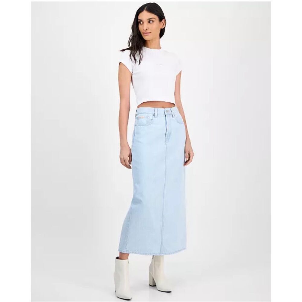 Calvin Klein Jeans Denim Cotton Maxi Skirt Bleached Indigo 26W